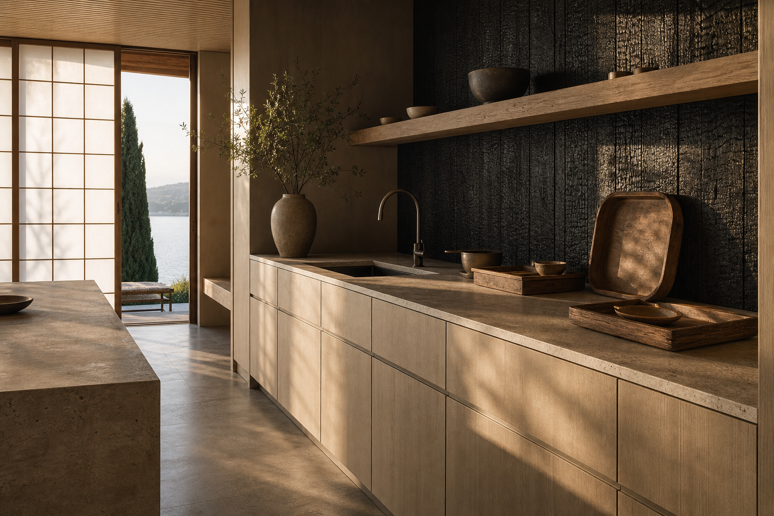 Fadior Como 320 sqm Kitchen Villa — Como kitchen workstation with travertine counter, cypress cabinets, sink, wood shelf,