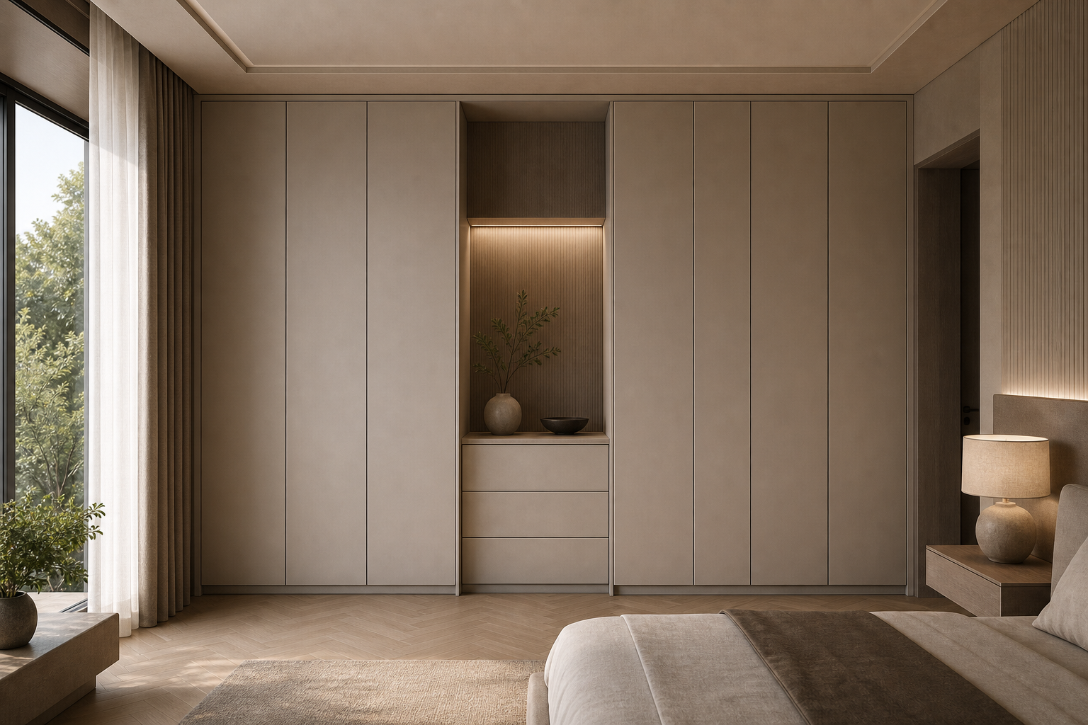 Fadior Resonance Wardrobe Suite with Tailored Cashmere Cove — interior room context showing cabinet integration
