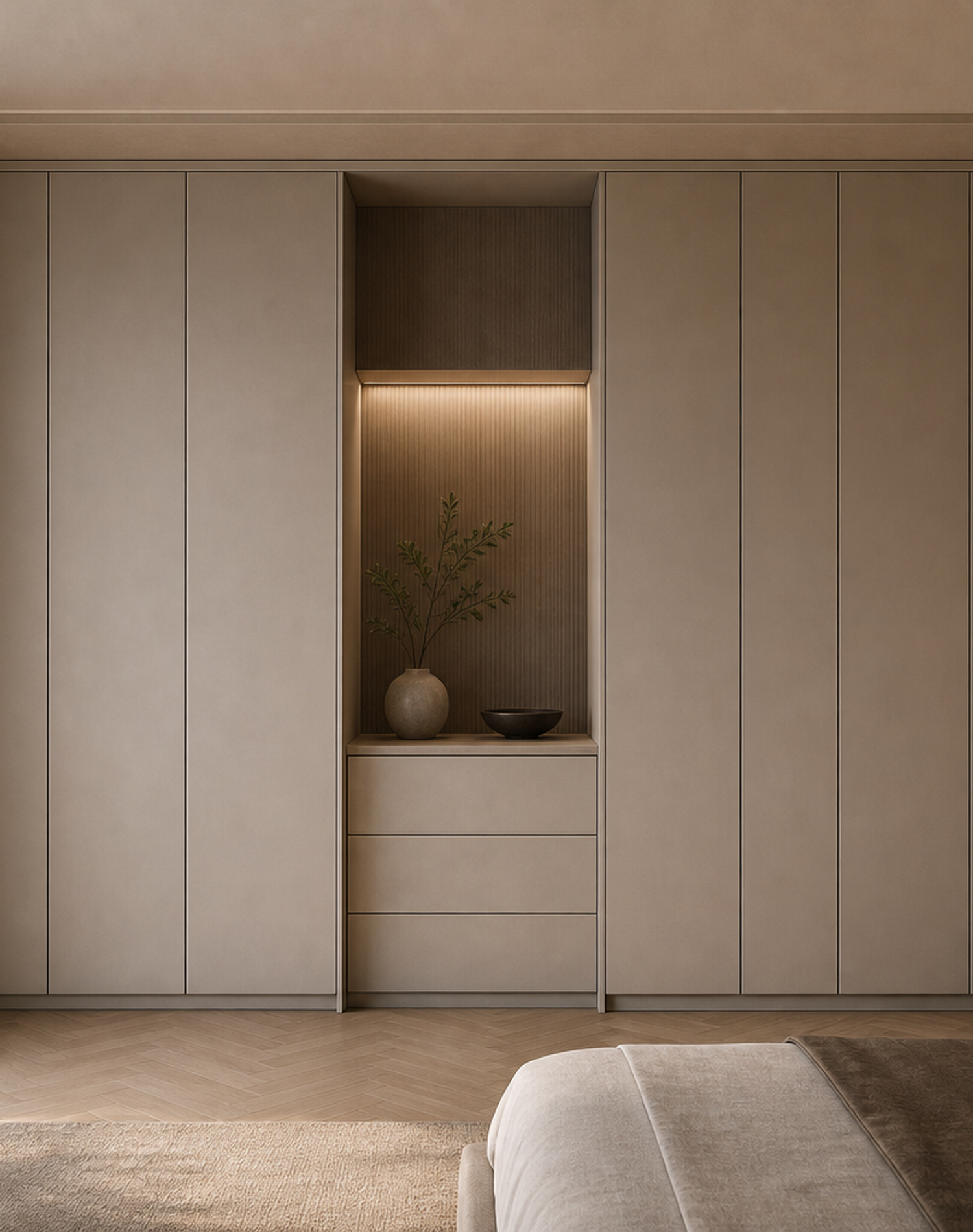 Fadior Resonance Wardrobe Suite with Tailored Cashmere Cove — interior room context showing cabinet integration