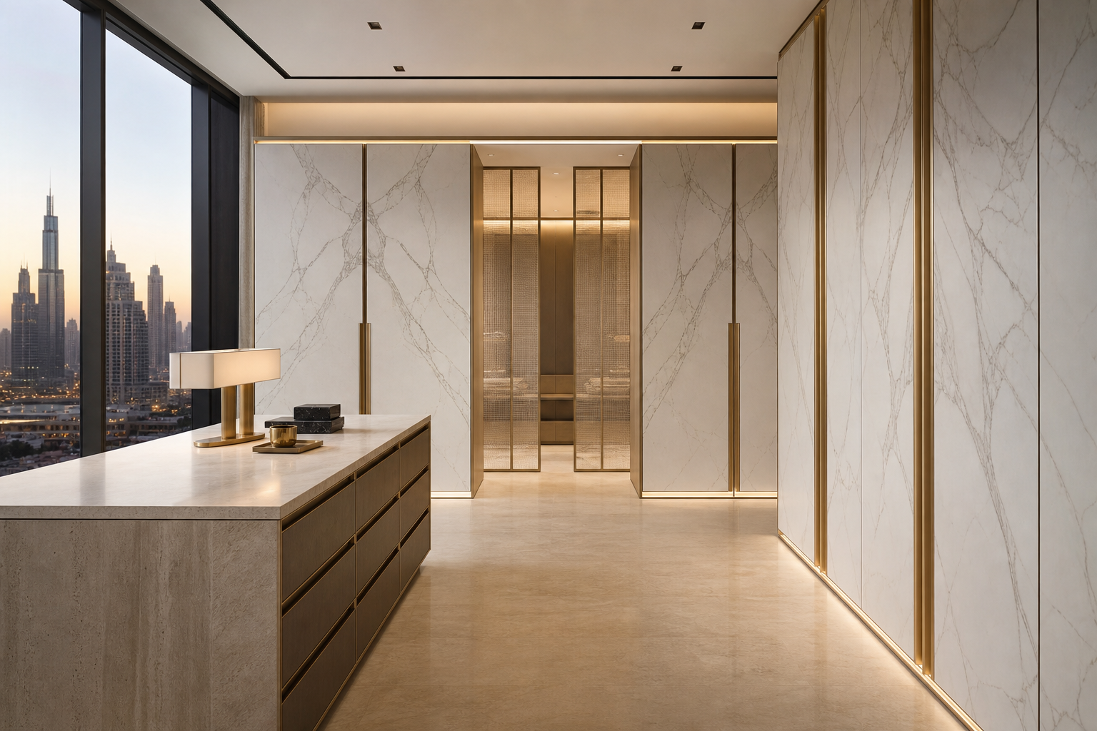Fadior Onyx Wardrobe Suite with Linen Glass Dressing Bridge — interior room context showing cabinet integration