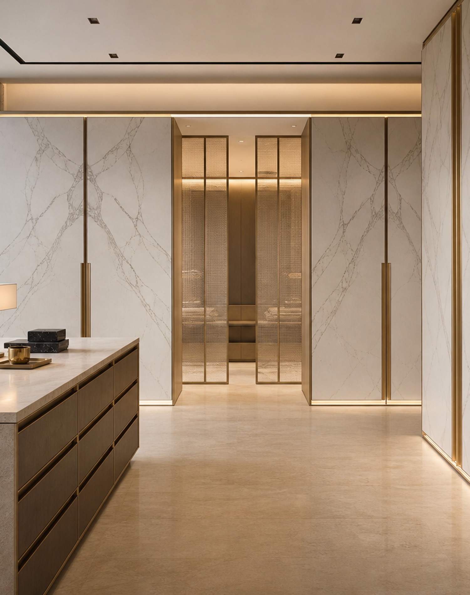 Fadior Onyx Wardrobe Suite with Linen Glass Dressing Bridge — interior room context showing cabinet integration