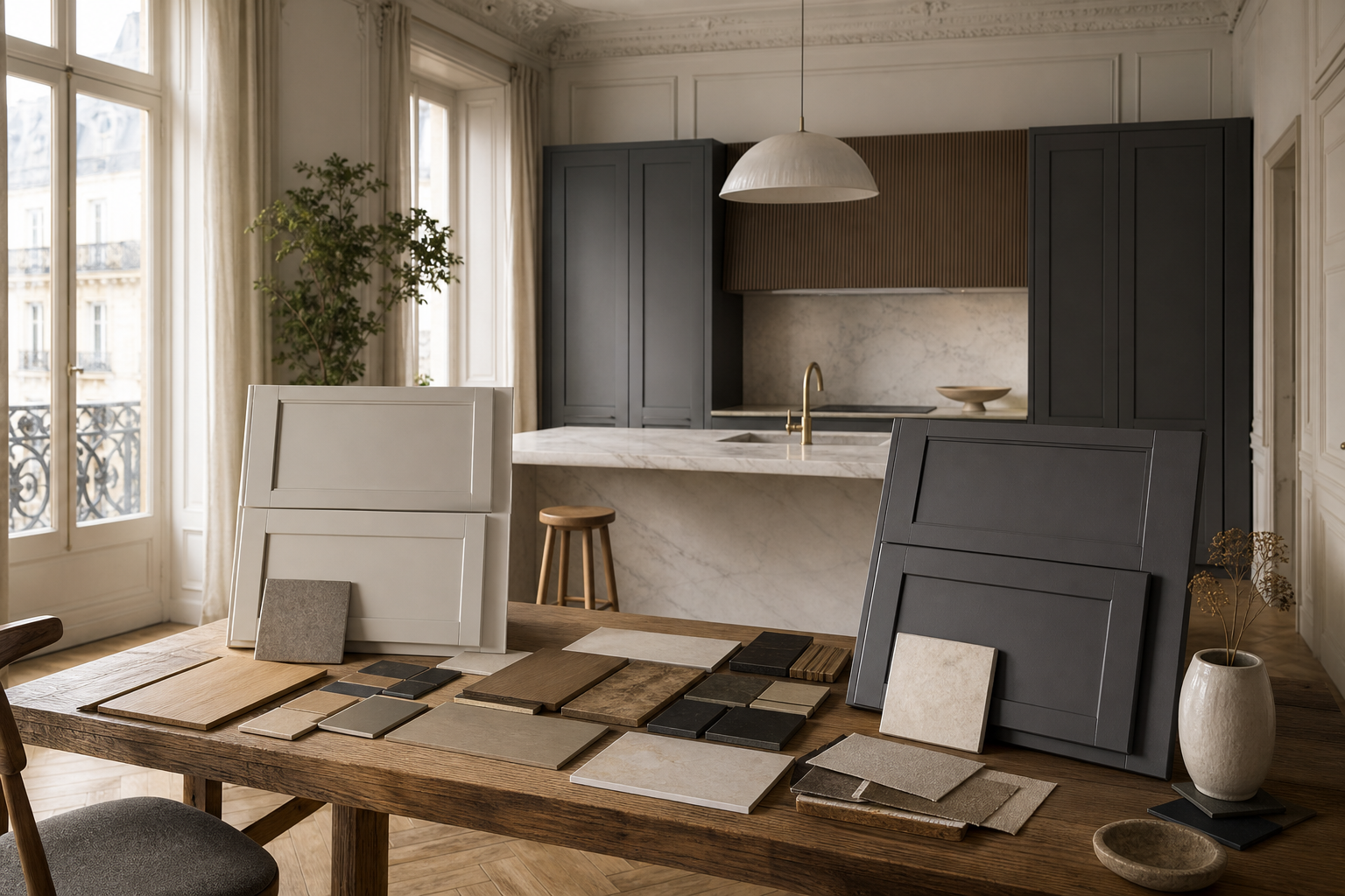 Kitchen planning scene comparing cabinet finish and specification choices without labels