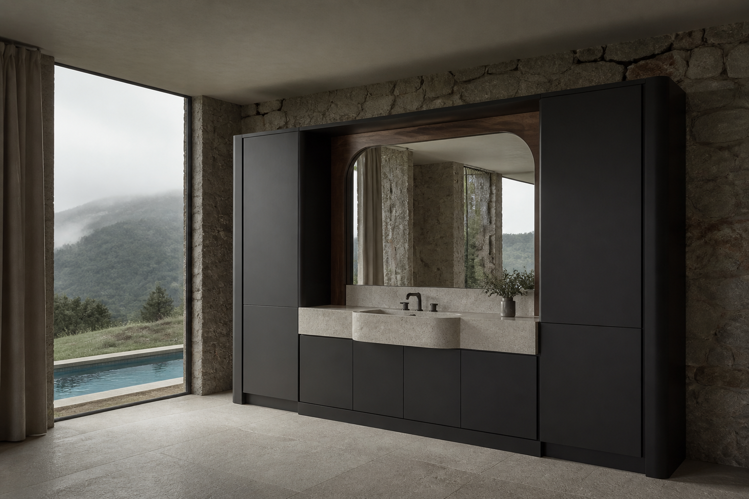 Fadior Alcove Bath and Vanity Suite with Tidepool Arch Basin — 304 stainless steel bath and vanity system, front view