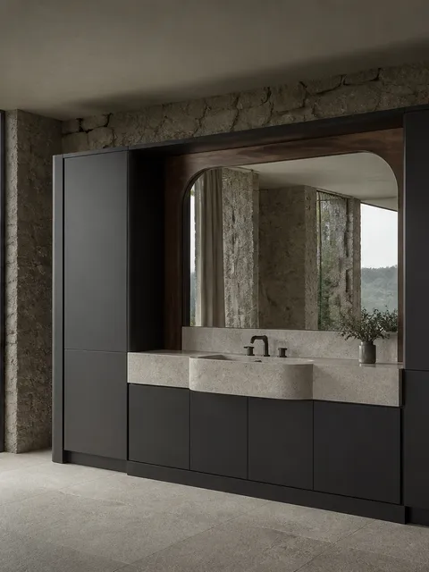 Fadior Alcove Bath and Vanity Suite with Tidepool Arch Basin — 304 stainless steel bath and vanity system, front view