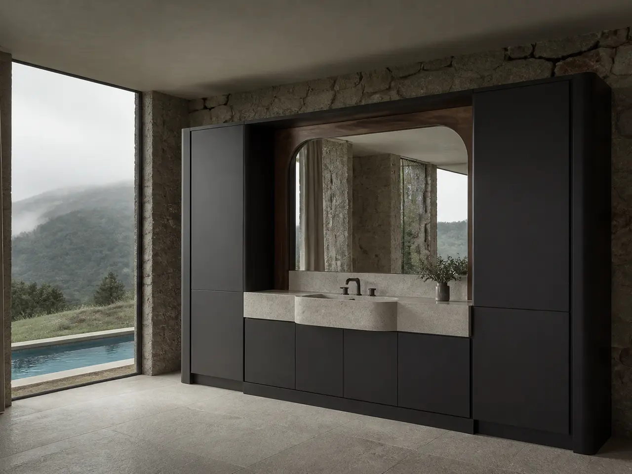 Fadior Alcove Bath and Vanity Suite with Tidepool Arch Basin — 304 stainless steel bath and vanity system, front view