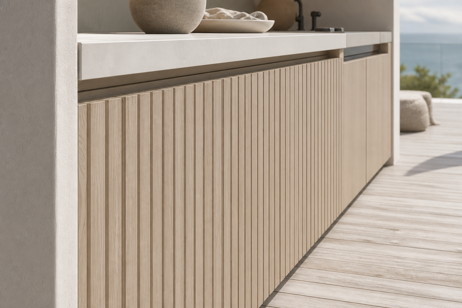 Fadior Horizon Outdoor Kitchen Suite with Sculptural Panel Grill Bay — close-up of stainless steel finish and hardware detail