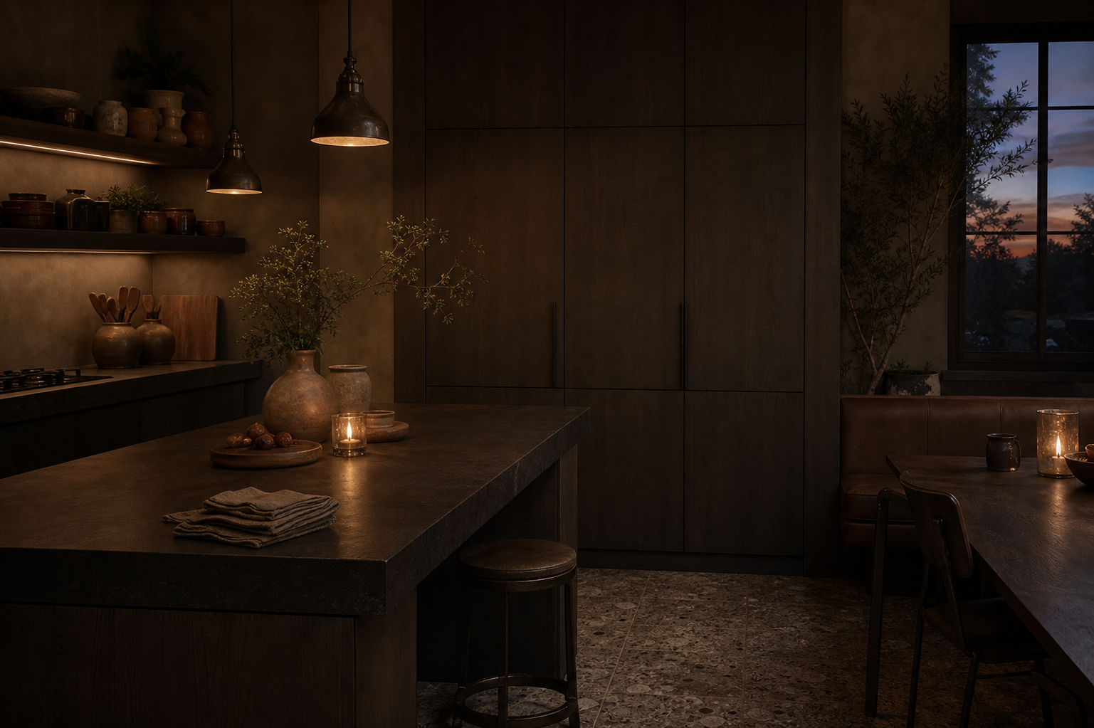 Lifestyle context: clear island, grouped pantry vessels, and closed storage in a calm kitchen routine center.