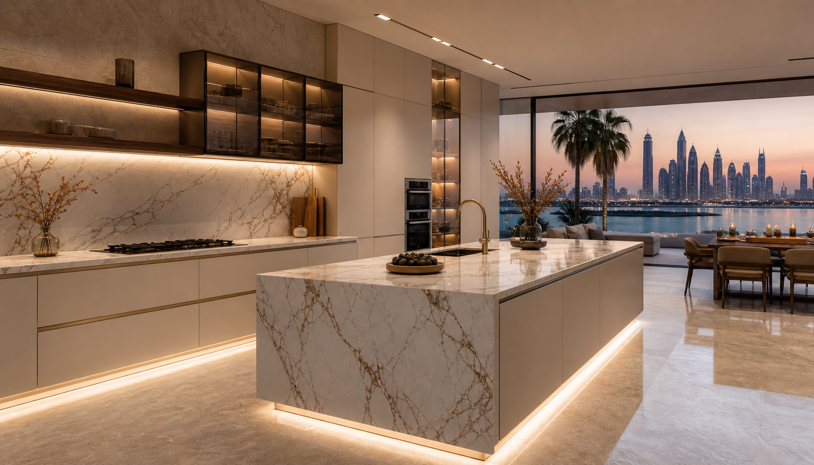 Fadior Dubai 450 sqm Kitchen Villa — marble island, walnut shelf, glass cabinet, travertine floor, skyline