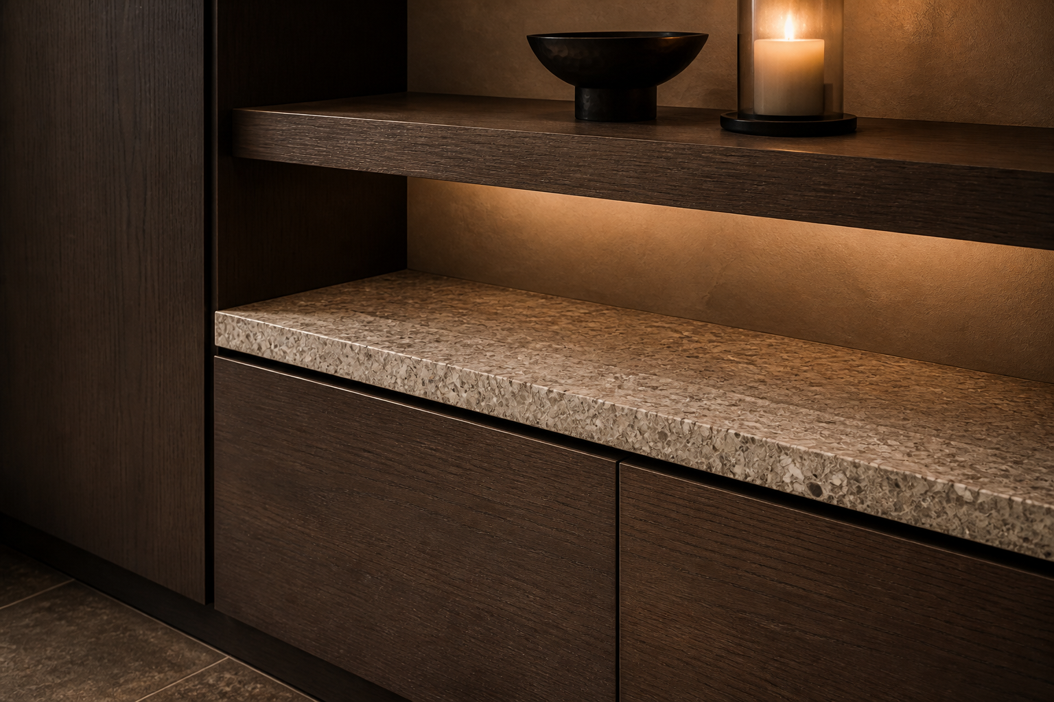 Fadior Savile Entryway Suite with Floating Ledge Arrival Niche — close-up of stainless steel finish and hardware detail
