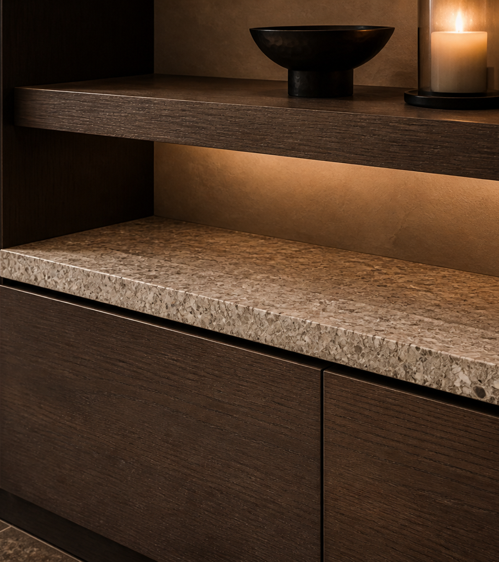 Fadior Savile Entryway Suite with Floating Ledge Arrival Niche — close-up of stainless steel finish and hardware detail