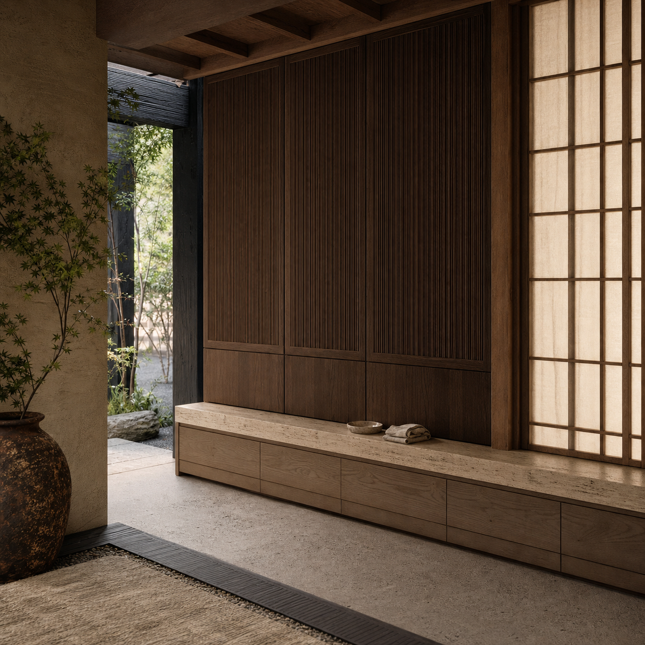 Fadior Loggia Entryway Suite with Ribbed Walnut Foyer Archive — lifestyle setting with natural light and residential styling