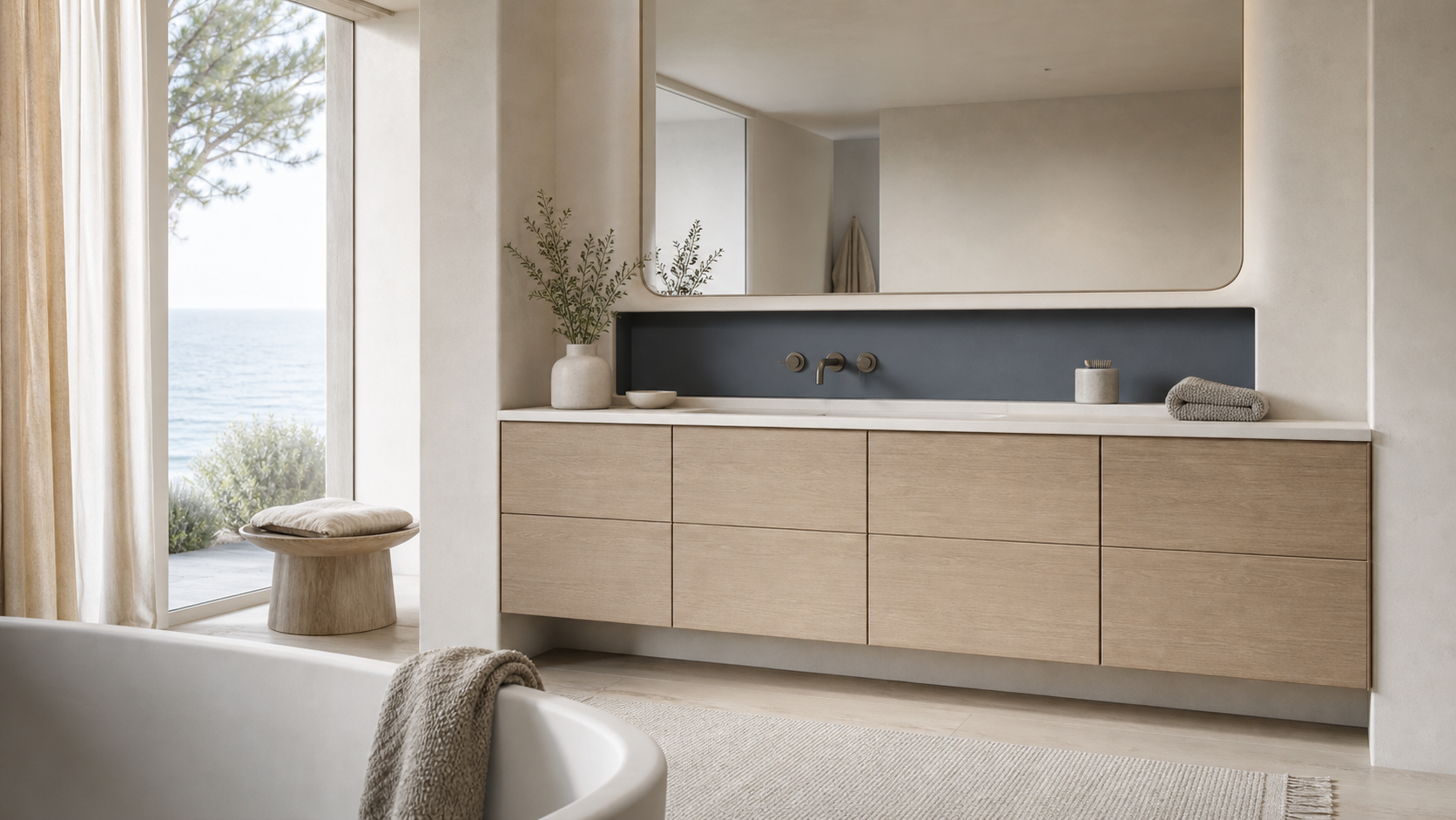 Fadior Voyage Bath Vanity Suite with Soft Slate Wash Niche — lifestyle setting with natural light and residential styling