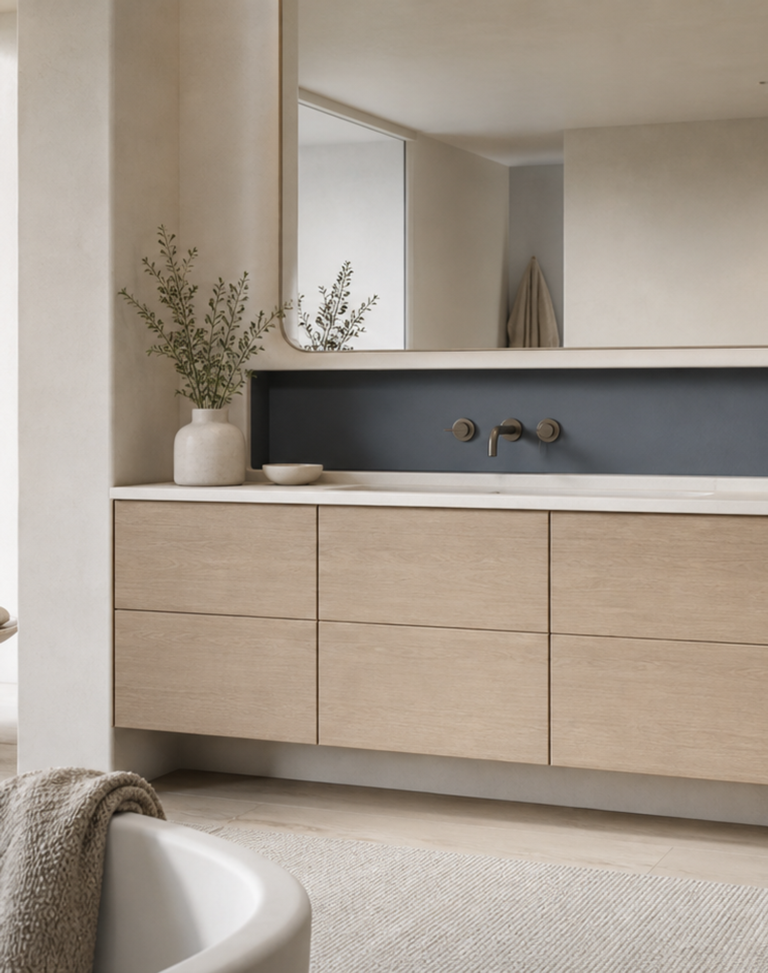 Fadior Voyage Bath Vanity Suite with Soft Slate Wash Niche — lifestyle setting with natural light and residential styling