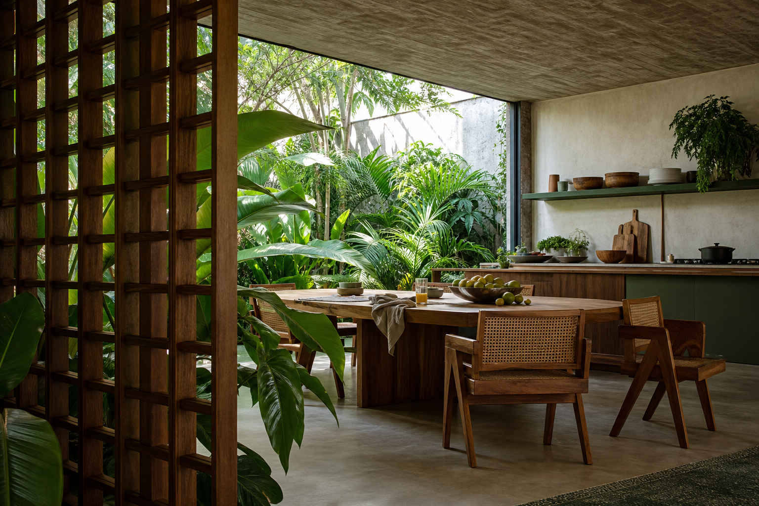 Tropical kitchen and weekend dining table with timber, greenery, and a relaxed residential lifestyle context.
