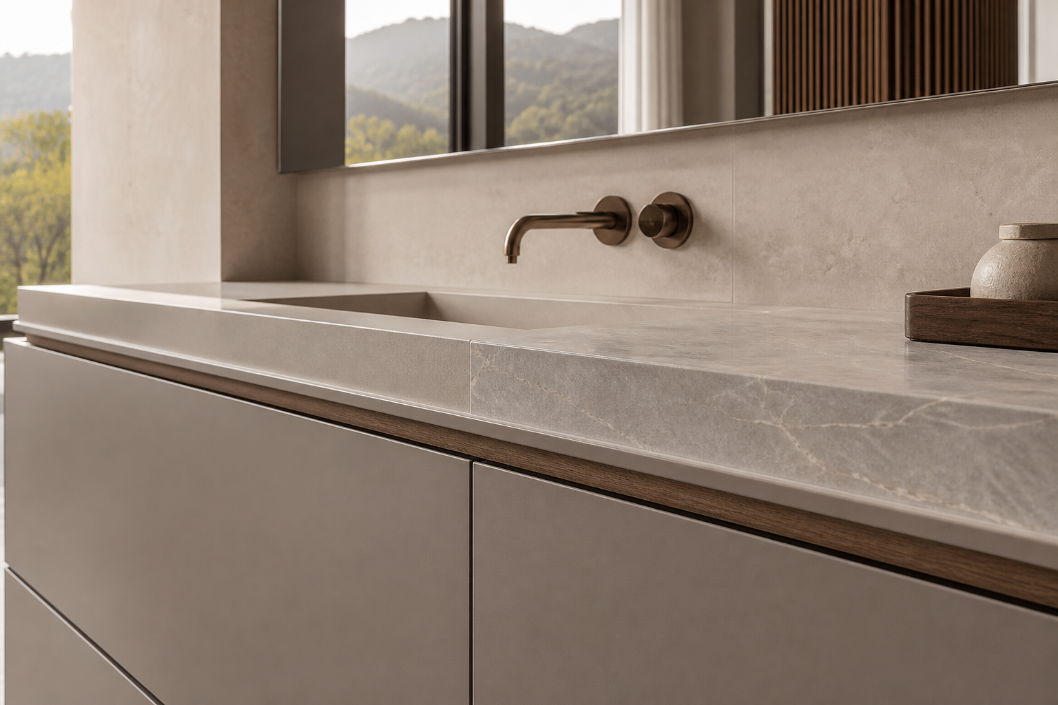 Fadior Verve Bath and Vanity Suite with Architectural Spa Vanity — close-up of stainless steel finish and hardware detail