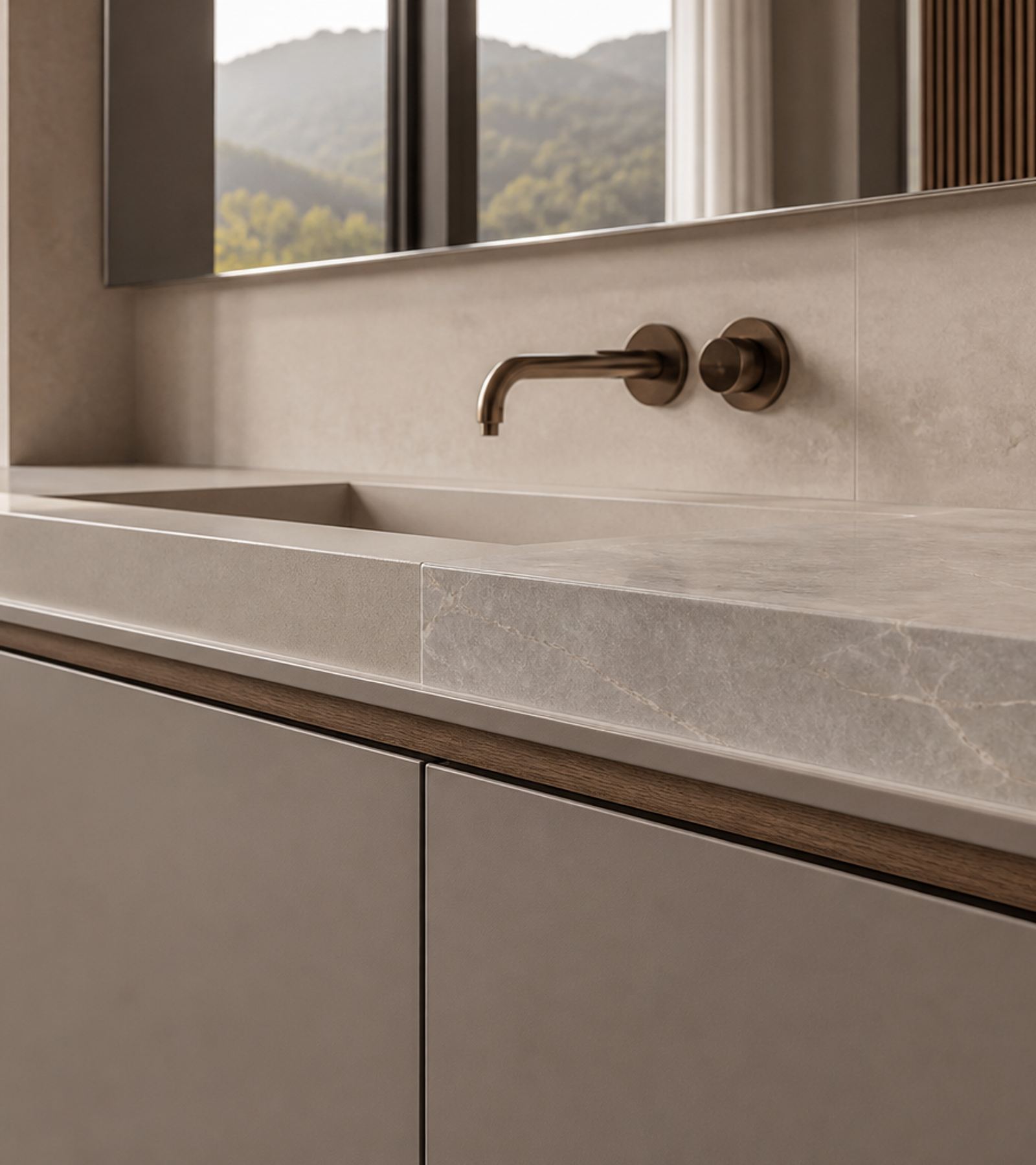 Fadior Verve Bath and Vanity Suite with Architectural Spa Vanity — close-up of stainless steel finish and hardware detail