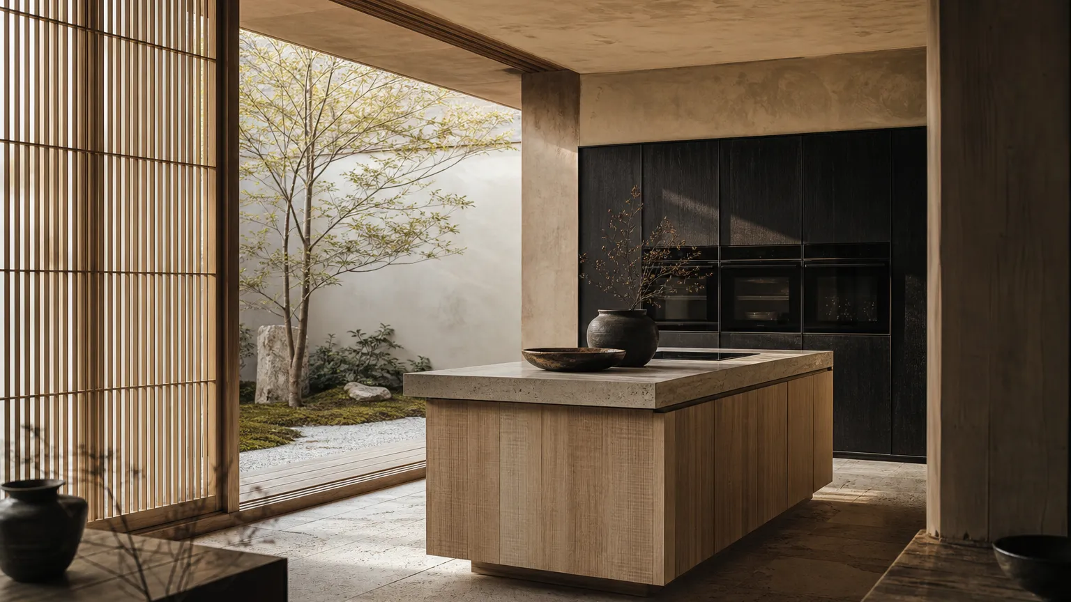 Kitchen atmosphere with raw cypress finishes and dark glass appliances for calm GCC planning context.
