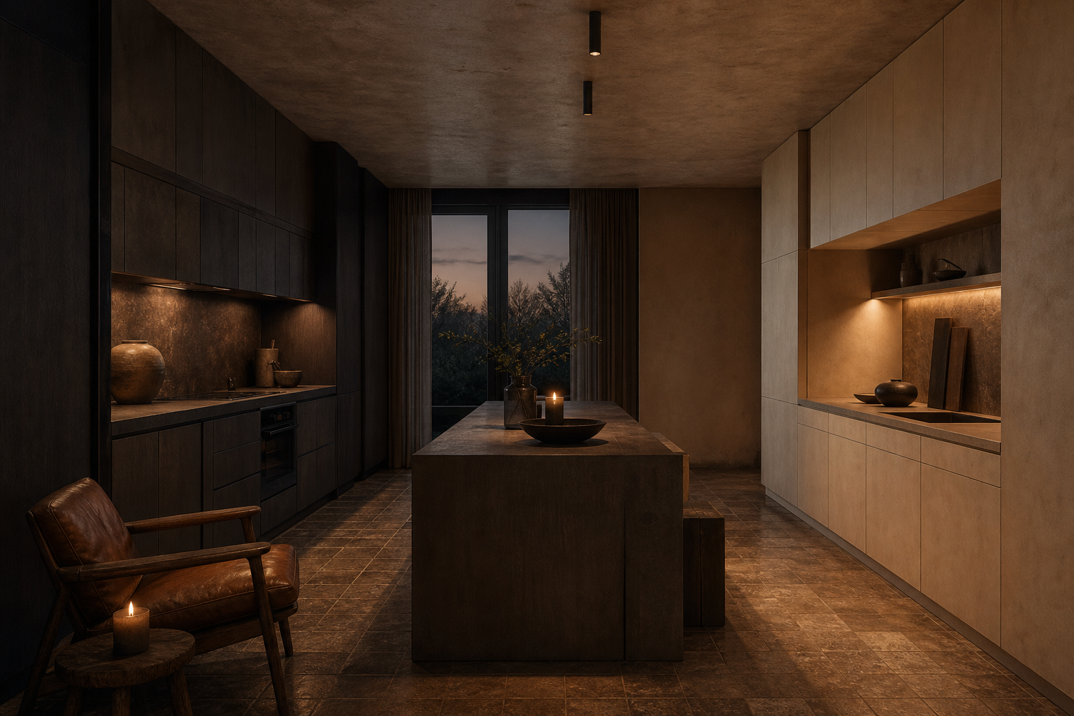 Warm putty and smoked oak material mood study for cabinet finish planning.