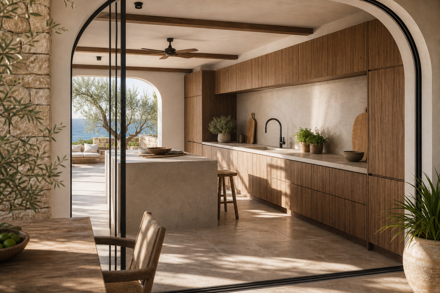 Fadior Marbella 400 sqm Kitchen Villa — counter, cabinet wall, travertine floor, olive terrace