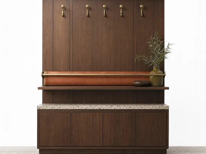 Fadior Savile Entryway Suite with Cognac Mail Rail Console — 304 stainless steel entryway system, front view