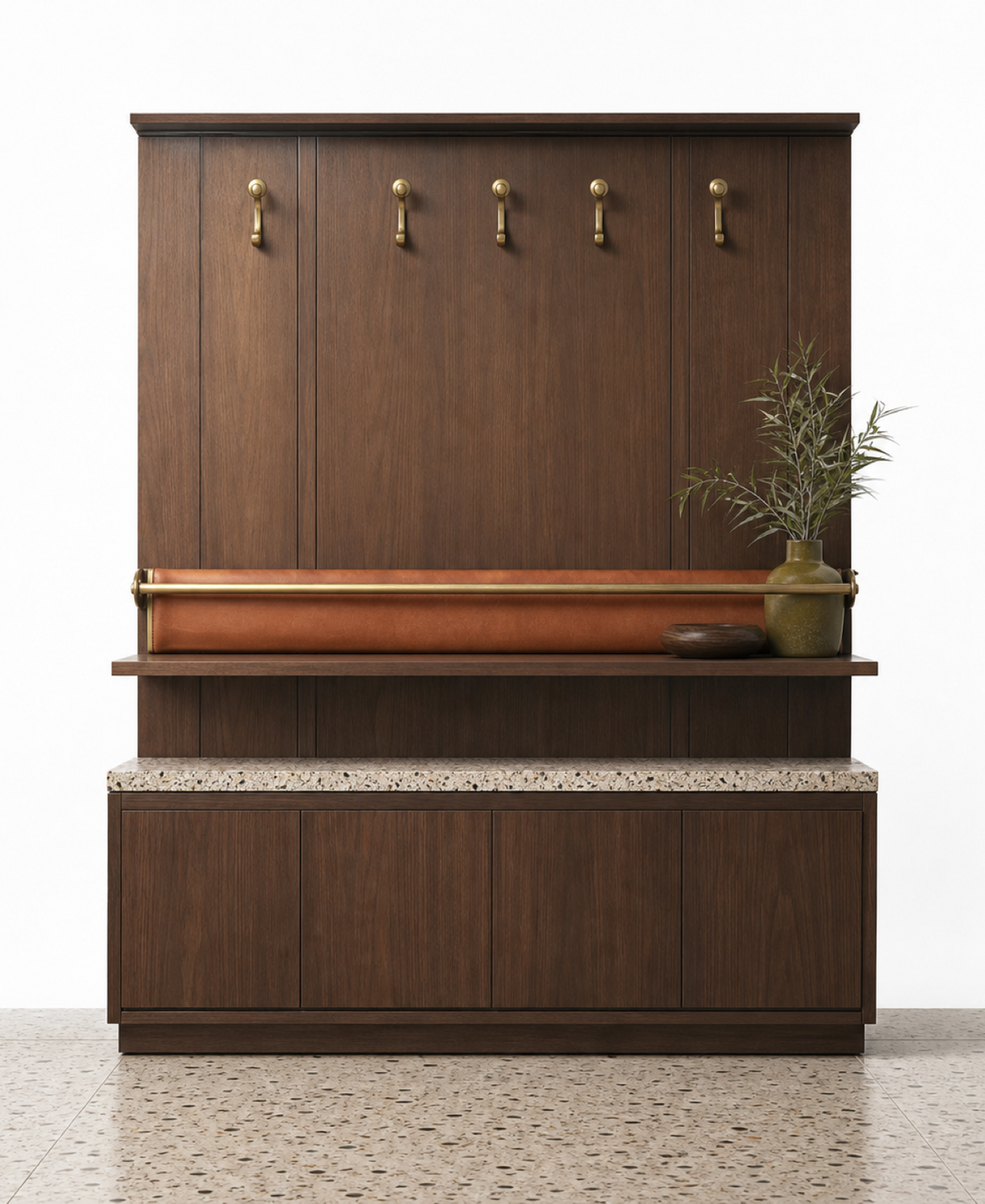 Fadior Savile Entryway Suite with Cognac Mail Rail Console — 304 stainless steel entryway system, front view
