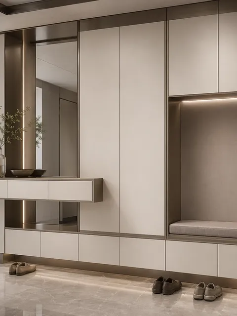Fadior Archetype Entryway Suite with Floating Bench Arrival Wall — 304 stainless steel entryway system, front view