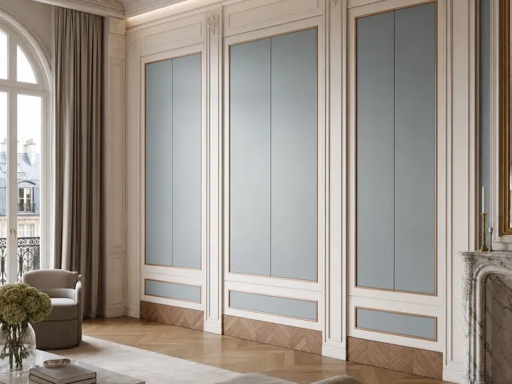 Fadior Miroir Wall Panel Suite with Soft Slate Salon Wall — 304 stainless steel wall panel system, front view