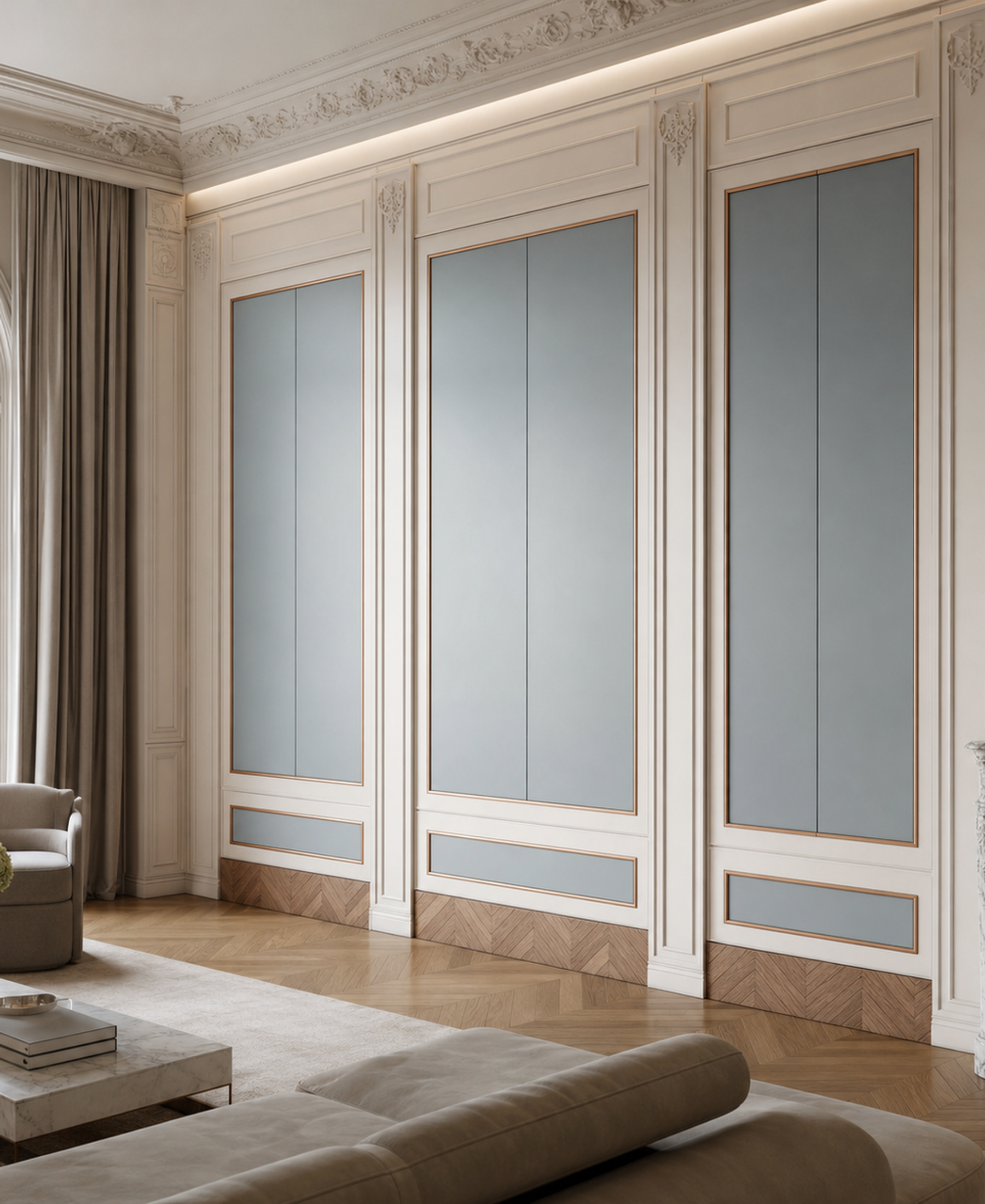Fadior Miroir Wall Panel Suite with Soft Slate Salon Wall — 304 stainless steel wall panel system, front view