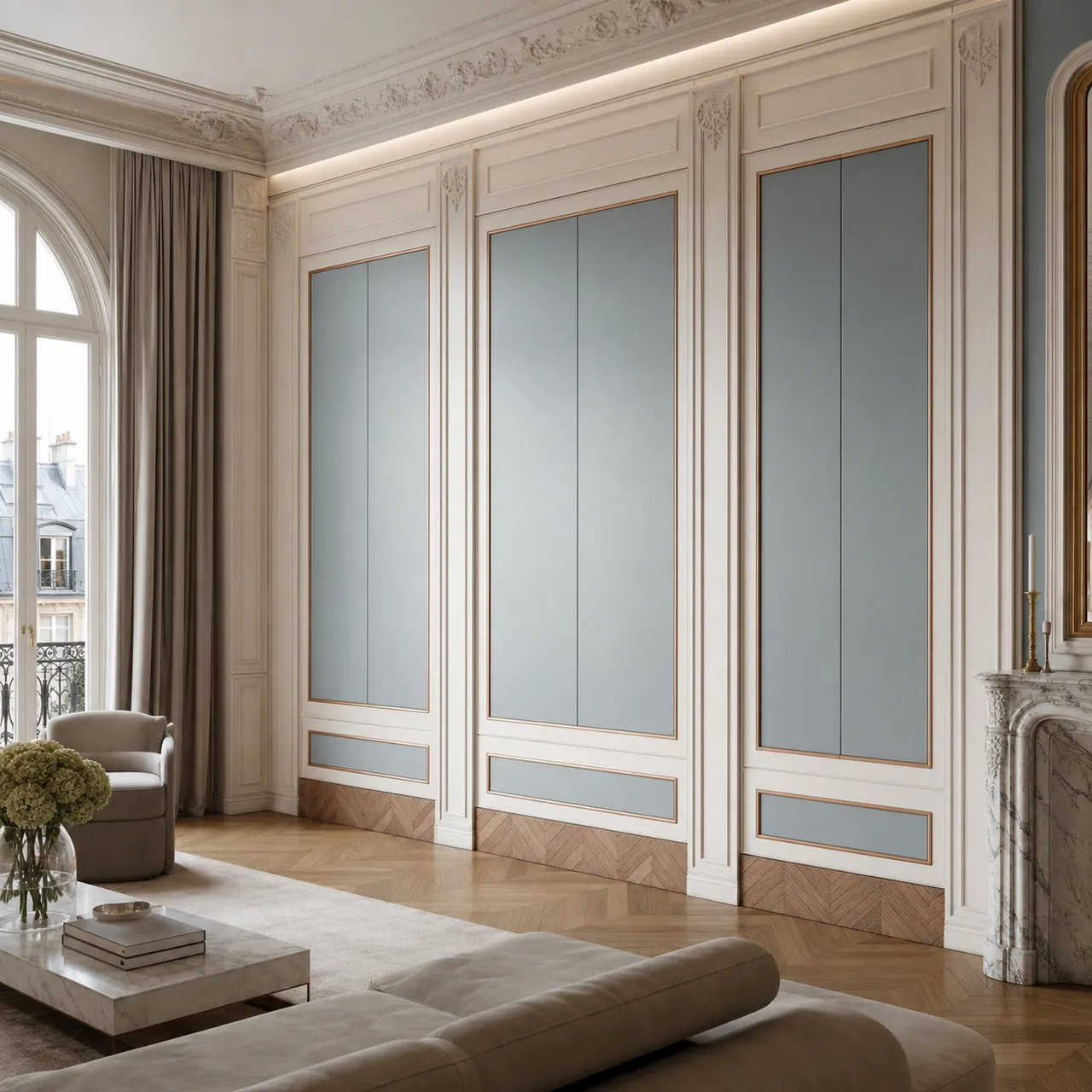 Fadior Miroir Wall Panel Suite with Soft Slate Salon Wall — 304 stainless steel wall panel system, front view