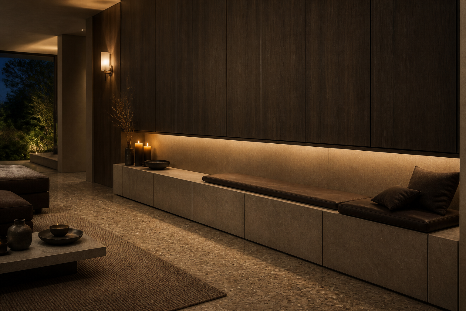 Fadior Veneto Living Room Suite with Stone Ledge Console Wall — interior room context showing cabinet integration
