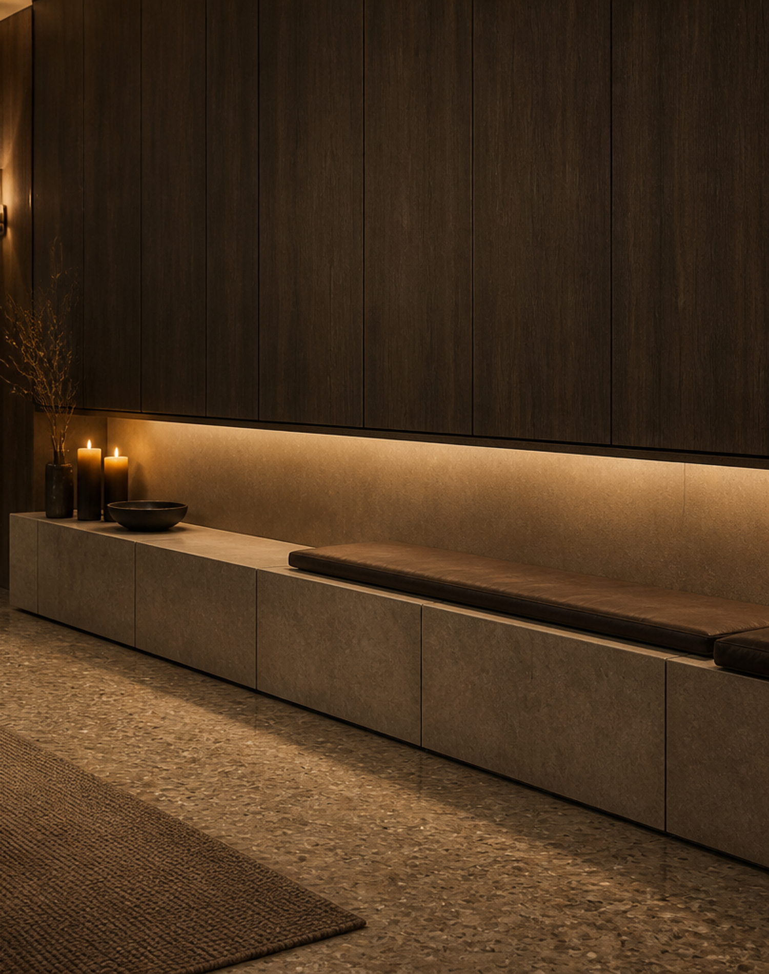 Fadior Veneto Living Room Suite with Stone Ledge Console Wall — interior room context showing cabinet integration