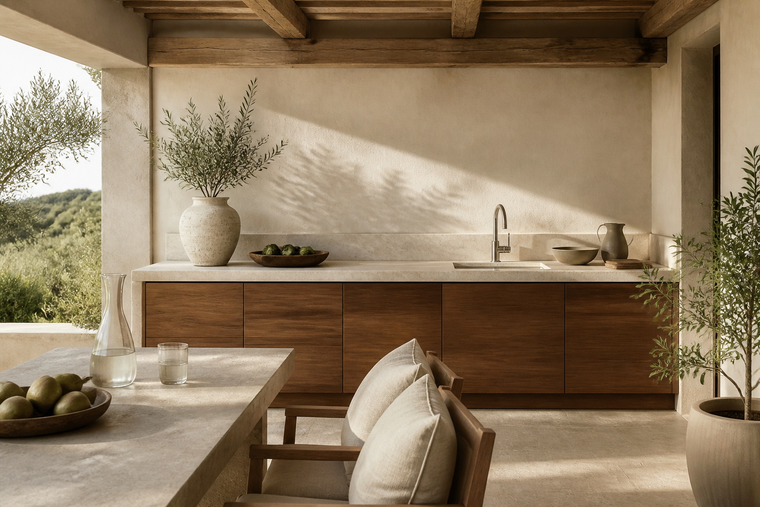 Sunlit outdoor prep counter and sink zone showing a calm, practical cooking layout