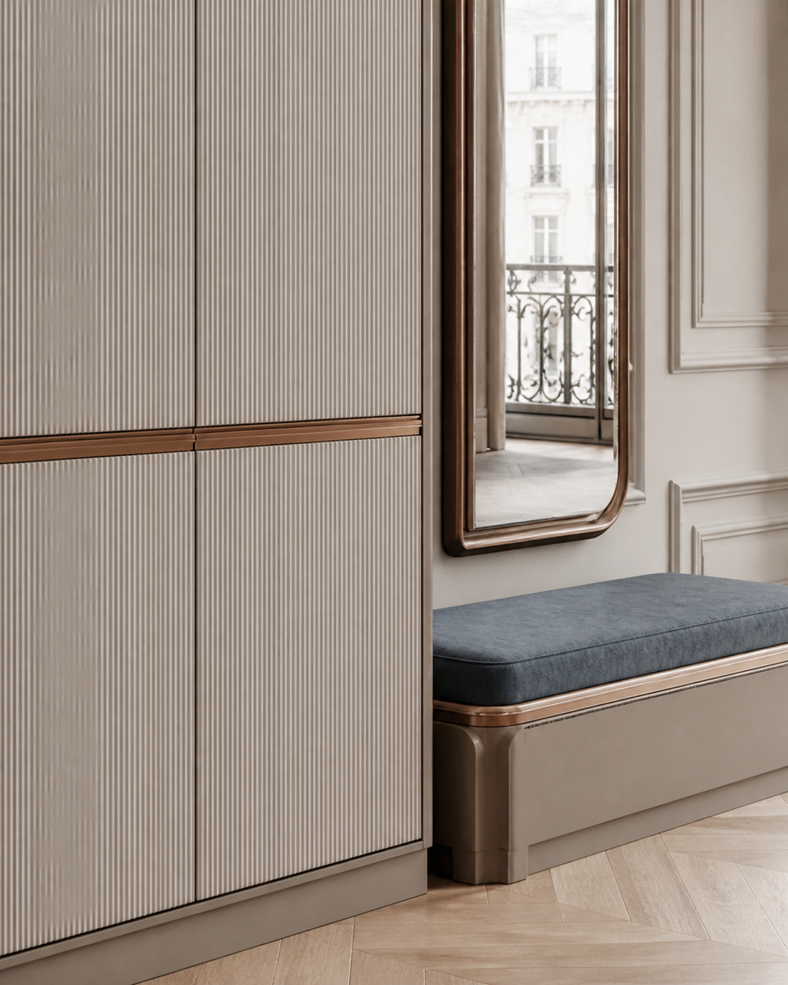 Fadior Savile Entryway Suite with Quiet Route Arrival Spine — close-up of stainless steel finish and hardware detail
