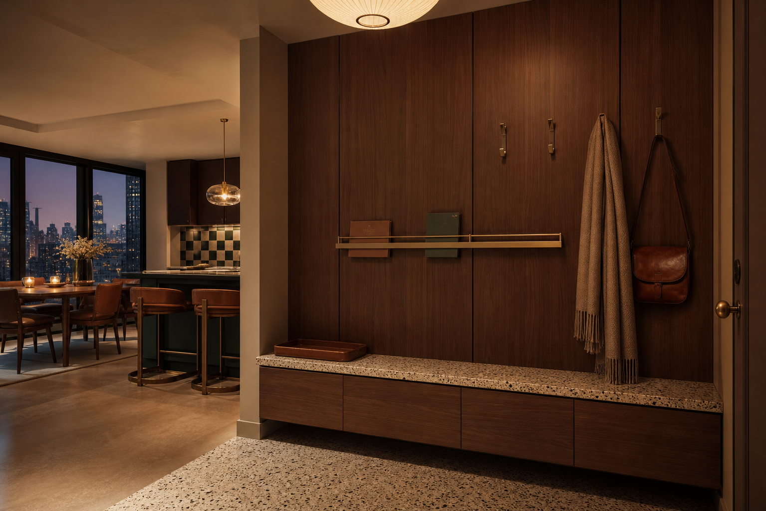 Fadior Loggia Entryway Suite with Floating Shoe Library Rail — lifestyle setting with natural light and residential styling