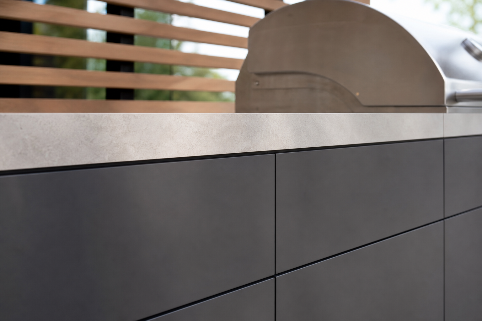 Fadior Vantage Outdoor Kitchen Suite with Shaded Galley Grill Rail — close-up of stainless steel finish and hardware detail
