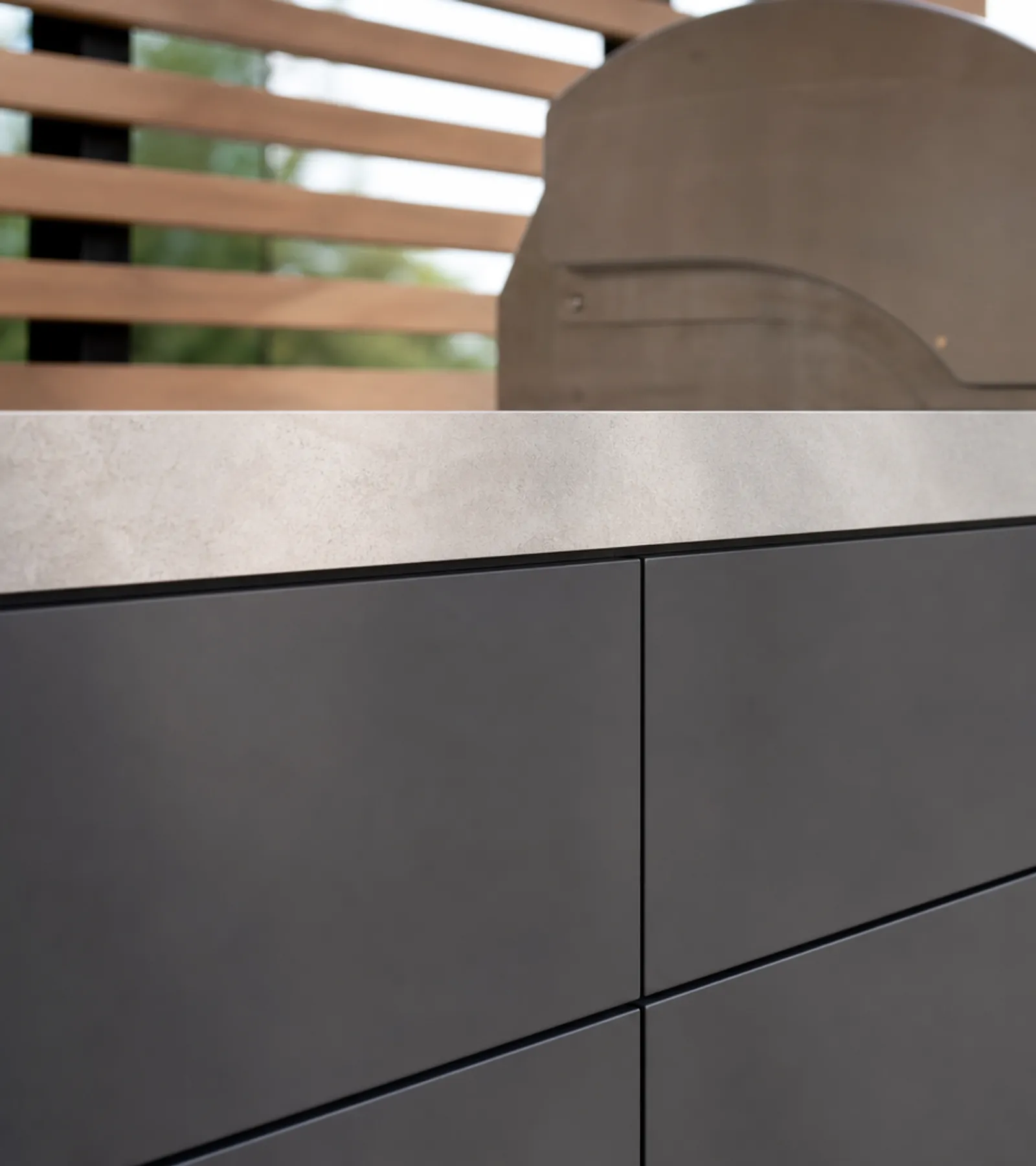 Fadior Vantage Outdoor Kitchen Suite with Shaded Galley Grill Rail — close-up of stainless steel finish and hardware detail
