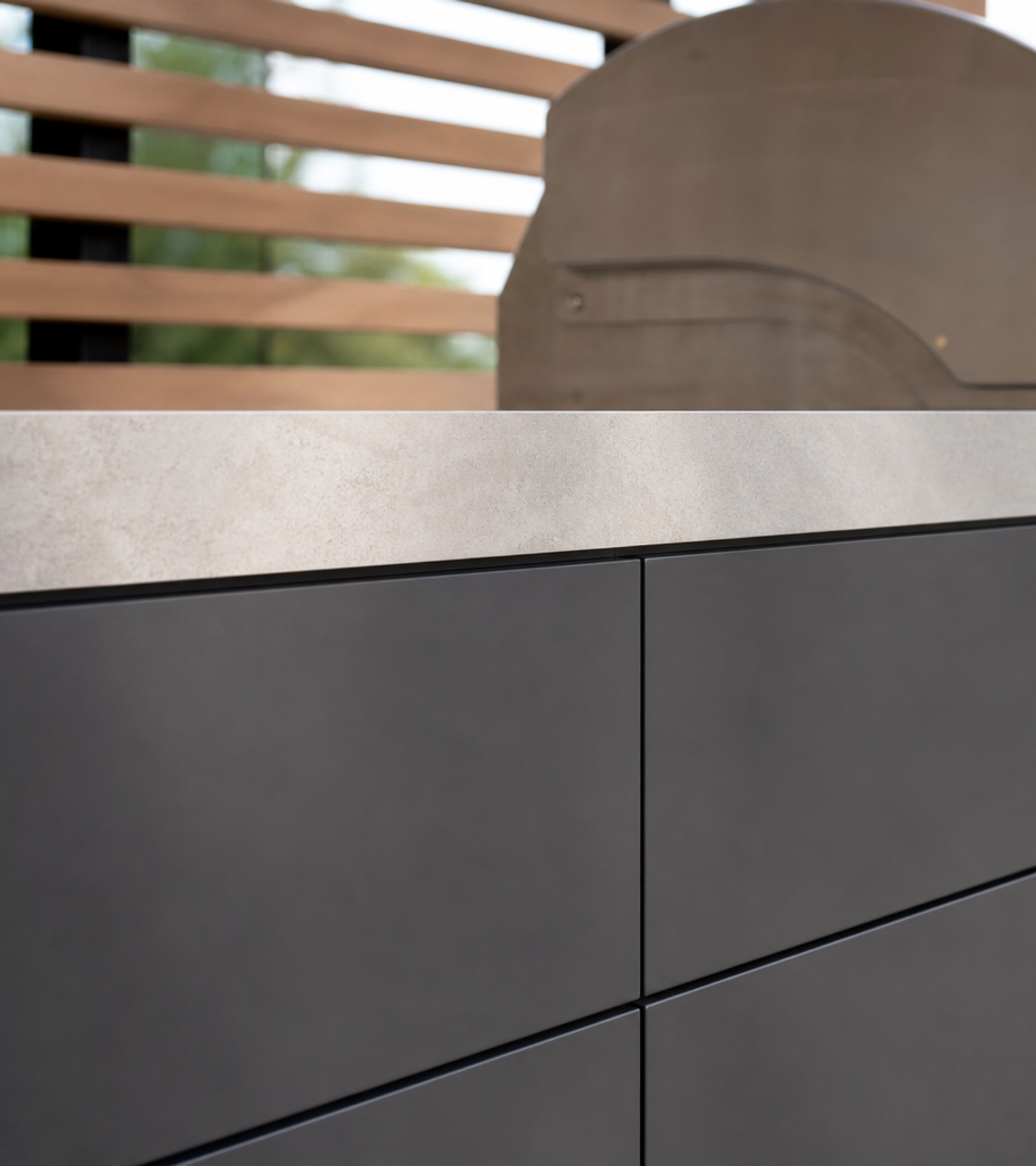 Fadior Vantage Outdoor Kitchen Suite with Shaded Galley Grill Rail — close-up of stainless steel finish and hardware detail
