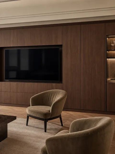 Fadior Patina Living Room Suite with Sculpted Tapline Service Niche — 304 stainless steel living room system, front view