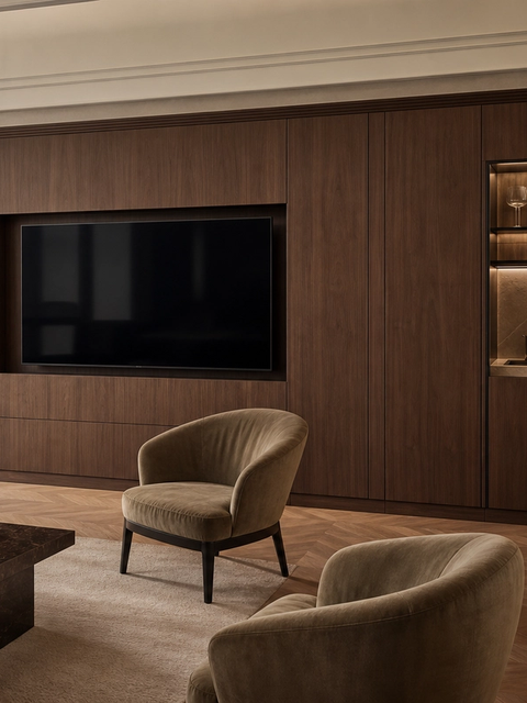 Fadior Patina Living Room Suite with Sculpted Tapline Service Niche — 304 stainless steel living room system, front view