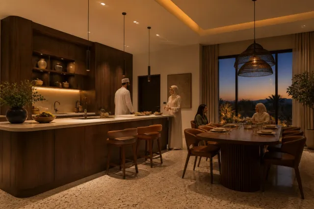Fadior Muscat 48 sqm Kitchen Bath Villa — A complete dusk kitchen and dining room with walnut cabinetry, a large island,