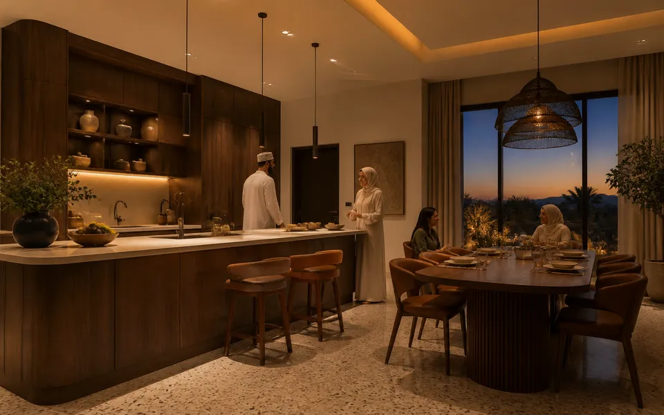 Fadior Muscat 48 sqm Kitchen Bath Villa — A complete dusk kitchen and dining room with walnut cabinetry, a large island, — 304 stainless steel cabinetry installation by Fadior