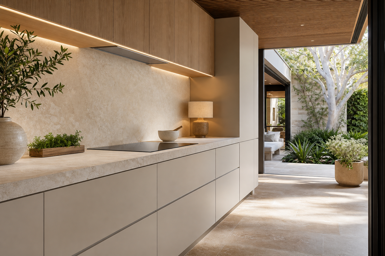Fadior Sydney Garden Courtyard Villa — kitchen counter, timber cabinets, herb tray, sandstone floor, garden doorway