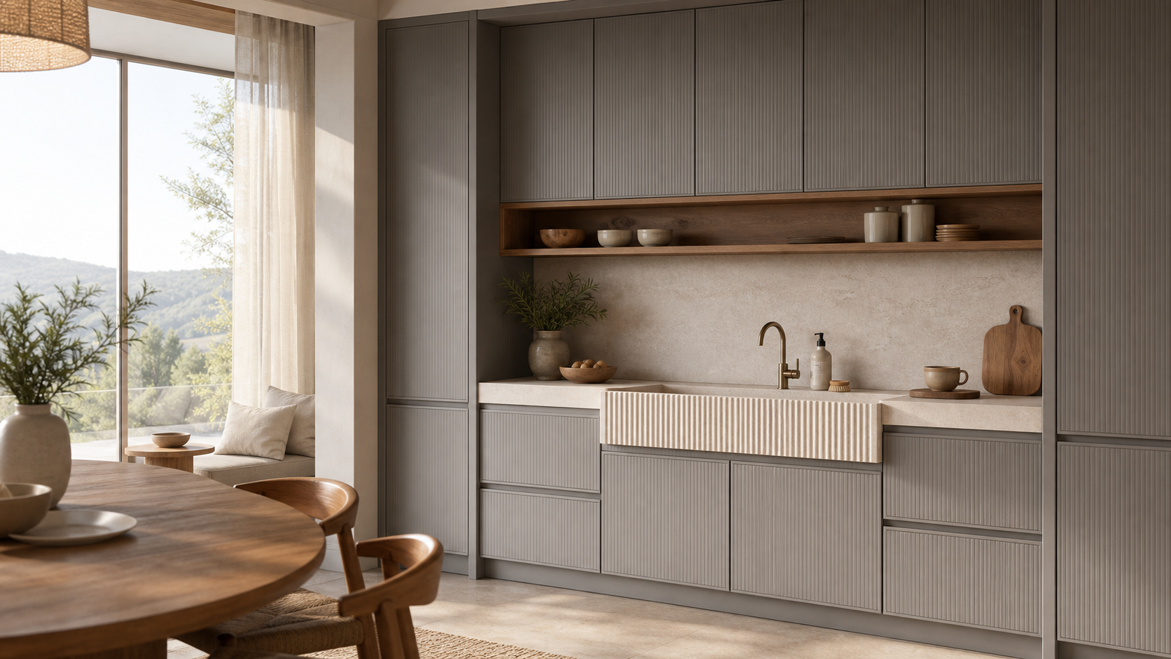 Fadior Meridian Kitchen Suite with Fluted Limestone Rinse Bar — lifestyle setting with natural light and residential styling