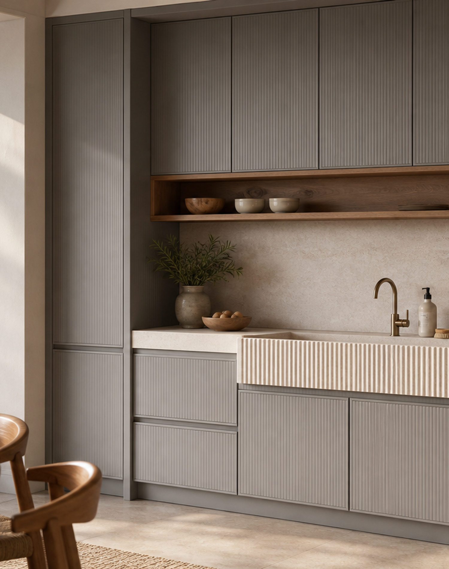 Fadior Meridian Kitchen Suite with Fluted Limestone Rinse Bar — lifestyle setting with natural light and residential styling