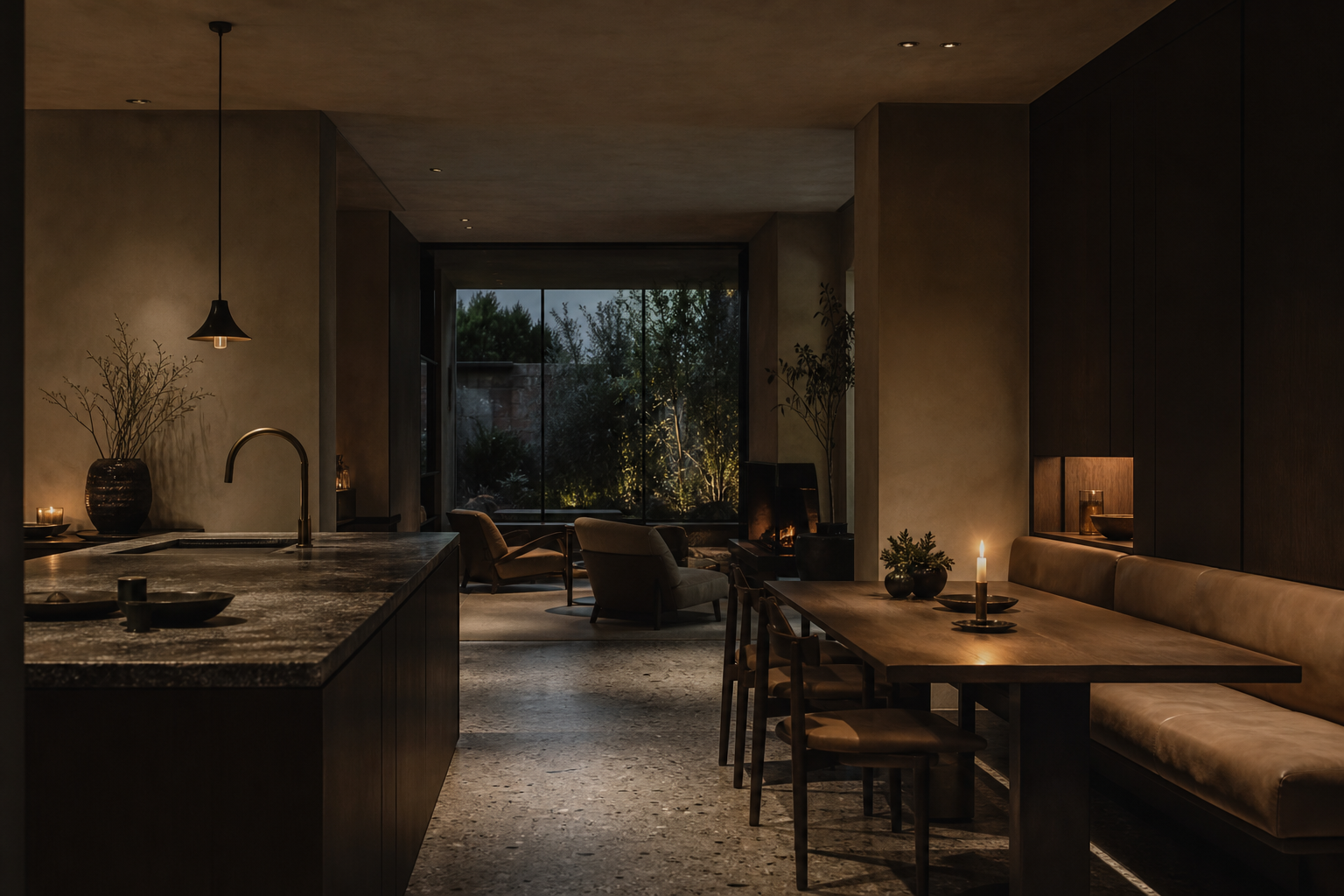 Fadior London 120 sqm Kitchen Villa — London townhouse kitchen and lounge with island, dining table, leather banquette,