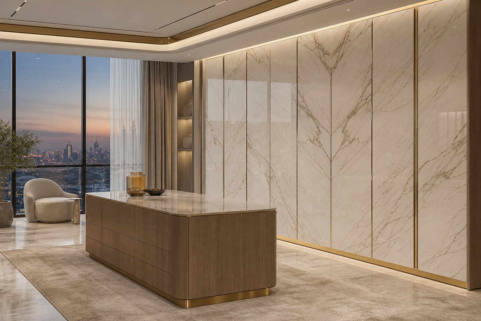 Fadior Canopy Marble Plinth Wardrobe Wall — 304 stainless steel wardrobe system, front view