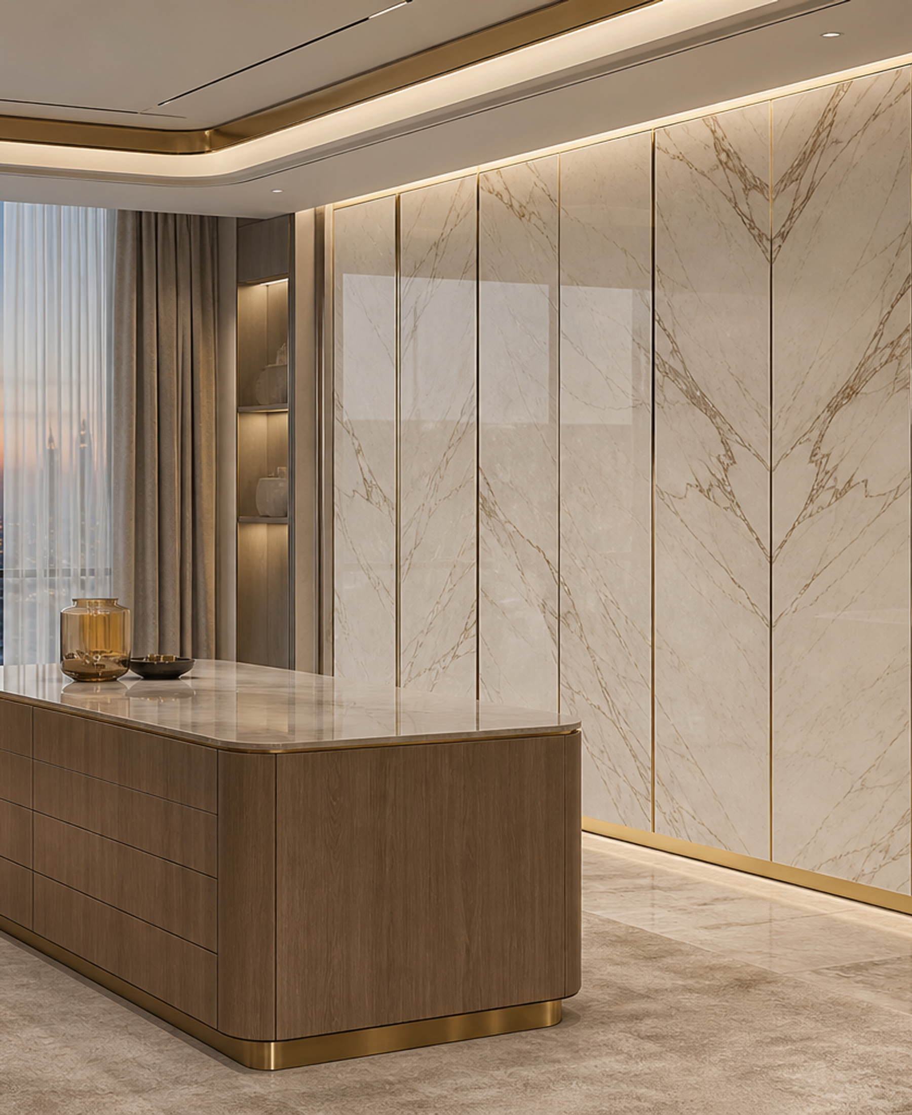 Fadior Canopy Marble Plinth Wardrobe Wall — 304 stainless steel wardrobe system, front view