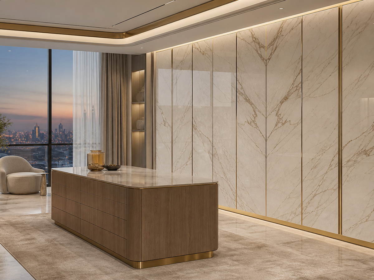 Fadior Canopy Marble Plinth Wardrobe Wall — 304 stainless steel wardrobe system, front view