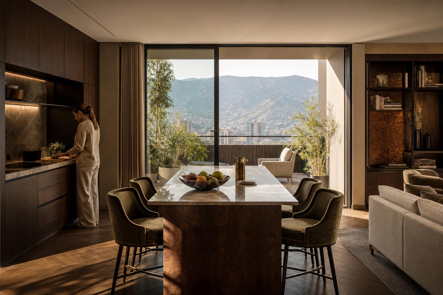 Fadior Medellin 185 sqm Kitchen Apartment — marble island, fruit bowl, walnut cabinetry, balcony plants, mountain city view