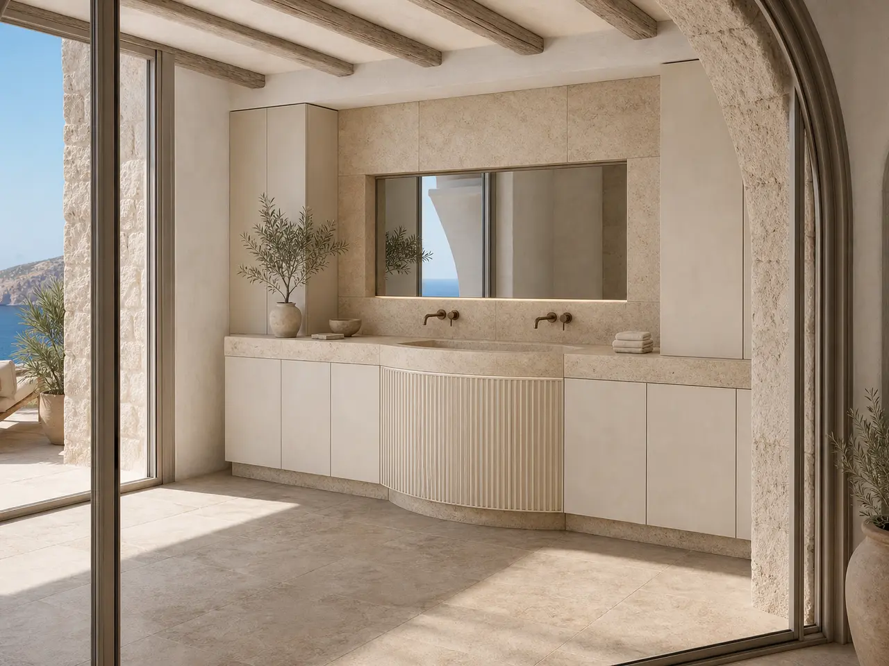 Fadior Alcove Bath and Vanity Suite with Fluted Rainlight Basin Bay - waterproof 304 stainless steel bath vanity with mirror storage, moisture-resistant finishes, and grooming storage